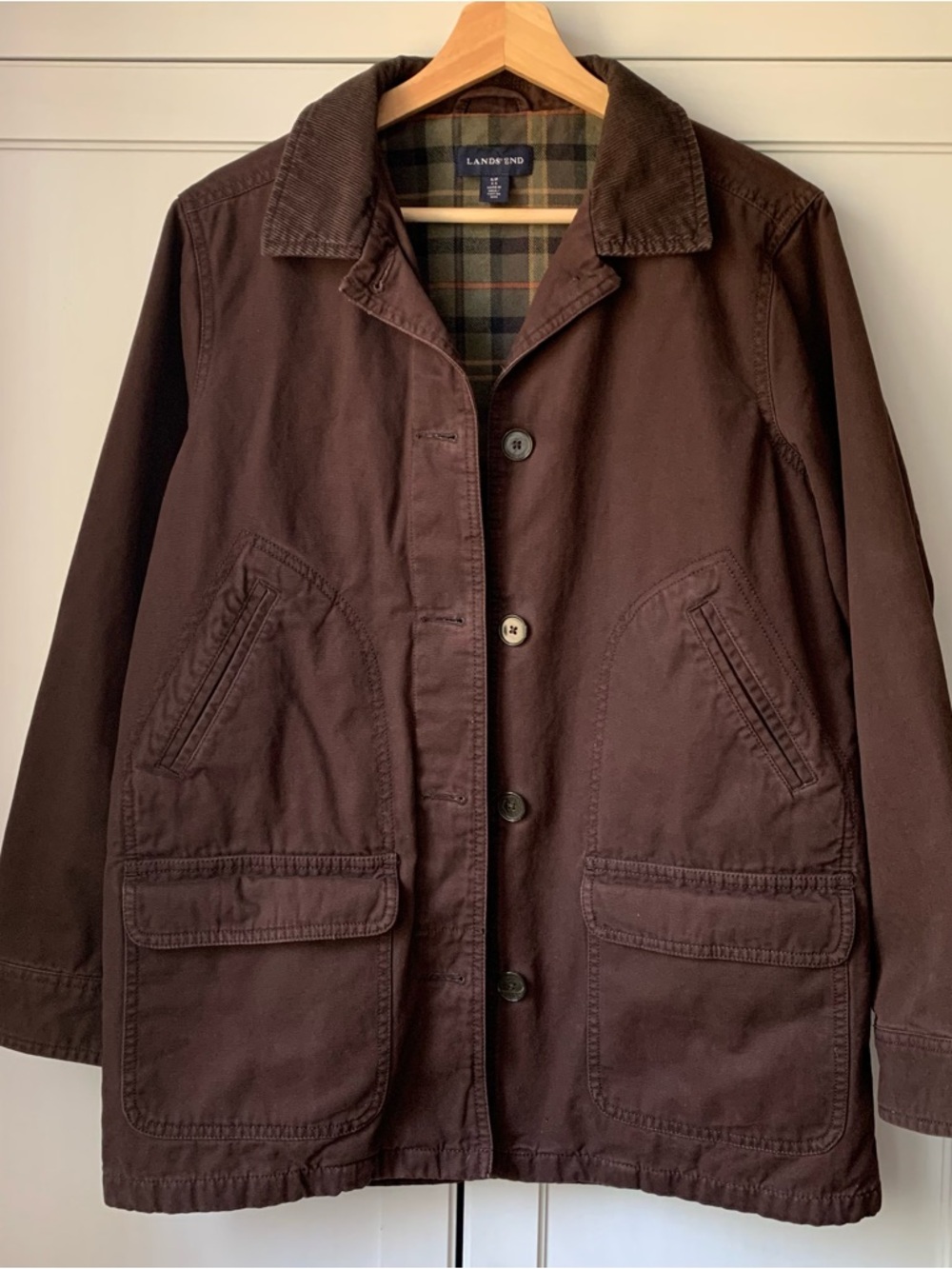 SOLD Vintage Lands' End Dark Brown Cotton Barn Jacket with Plaid Lining Size S